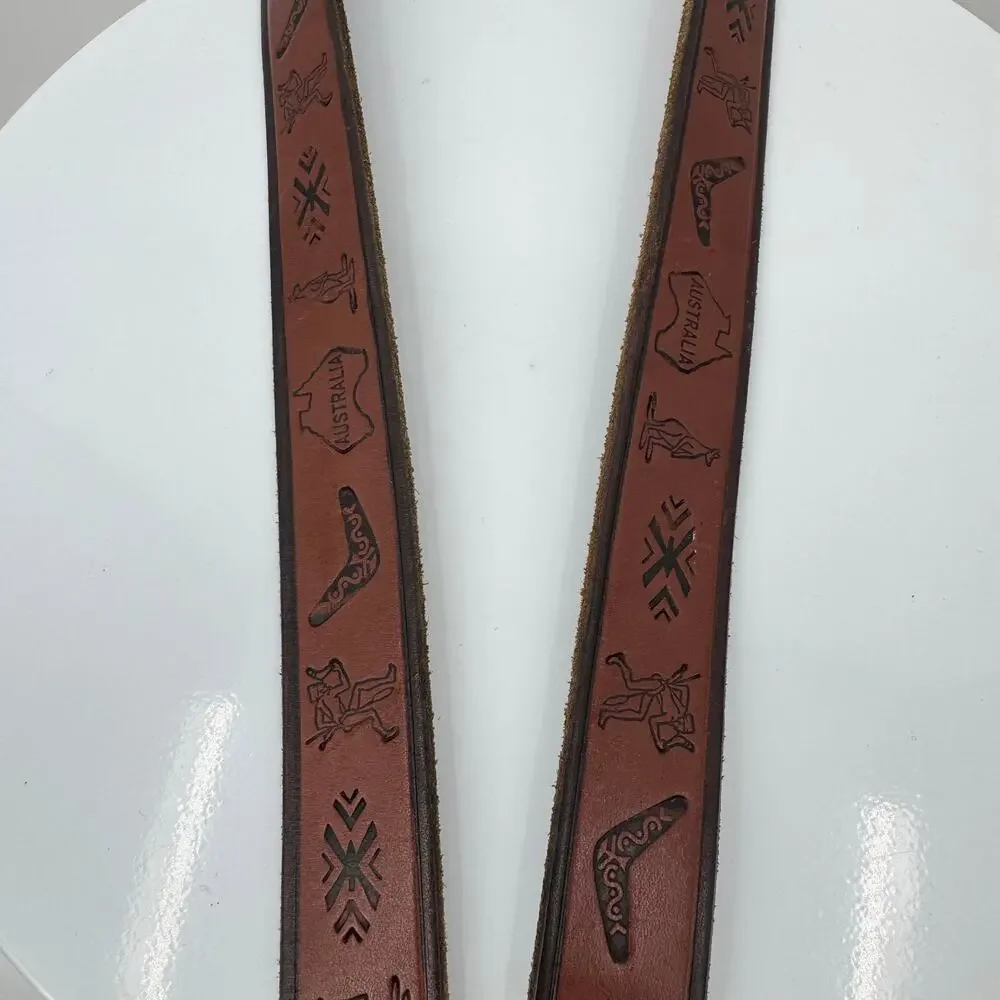 Australia Men's belt 42 brown tooled leather kangaroo copper tone buckle AU map